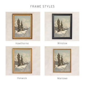 Vintage Christmas Print | Snowy Alpine Evergreens | Vertical Wall Art, Ornate Gold Frame | N187
