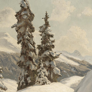 Vintage Christmas Print | Snowy Alpine Evergreens | Vertical Wall Art, Ornate Gold Frame | N187