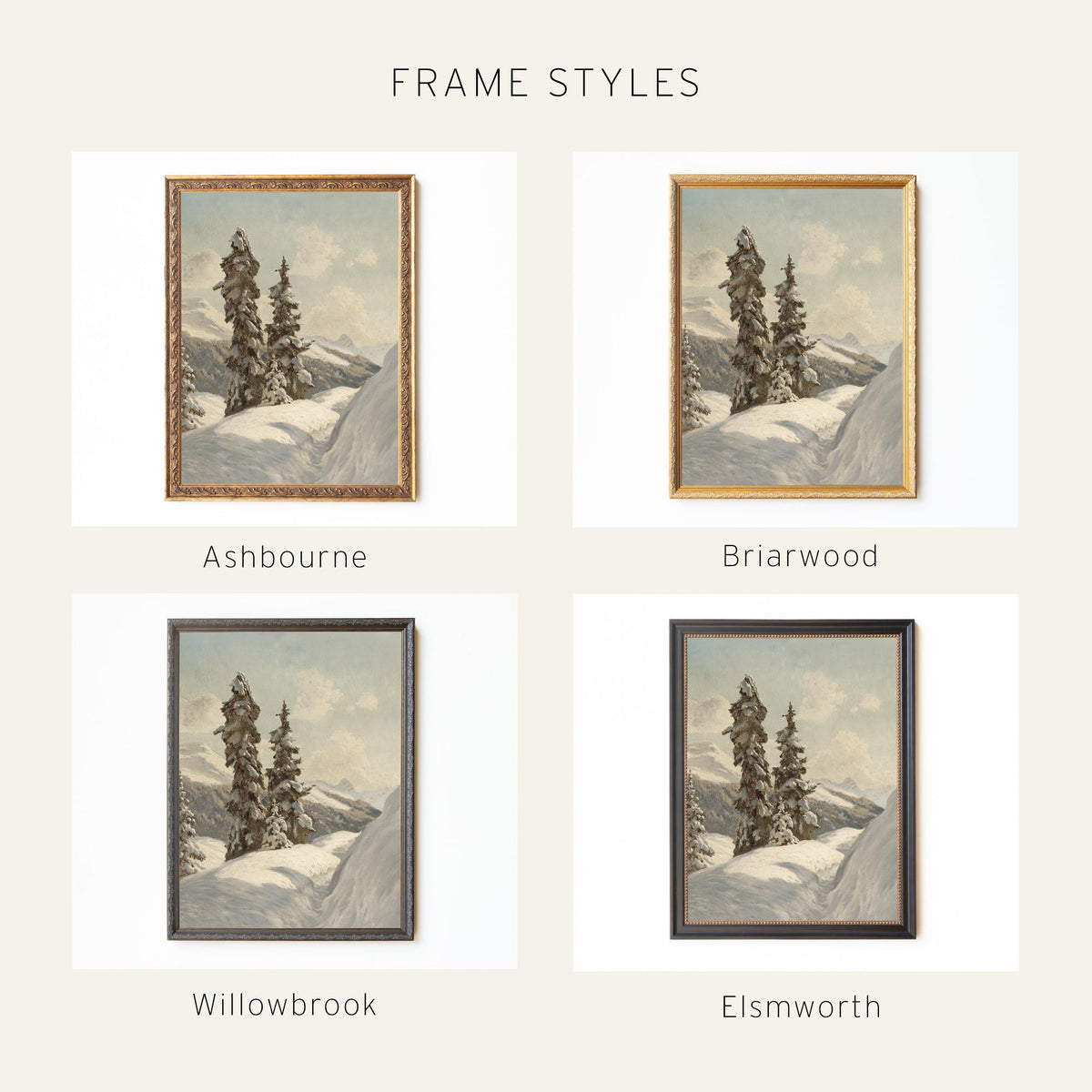 Vintage Christmas Print | Snowy Alpine Evergreens | Vertical Wall Art, Ornate Gold Frame | N187