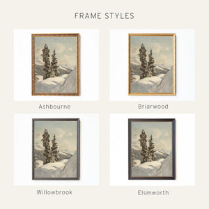 Vintage Christmas Print | Snowy Alpine Evergreens | Vertical Wall Art, Ornate Gold Frame | N187