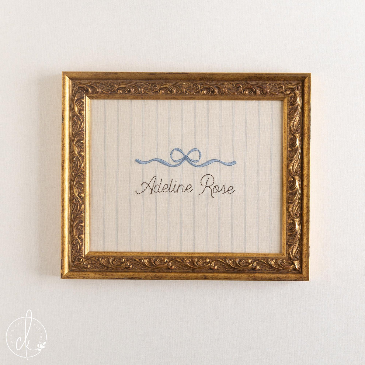 Girl Nursery Decor | Personalized Name Sign with Bow | Embroidered Ornate Gold Frame