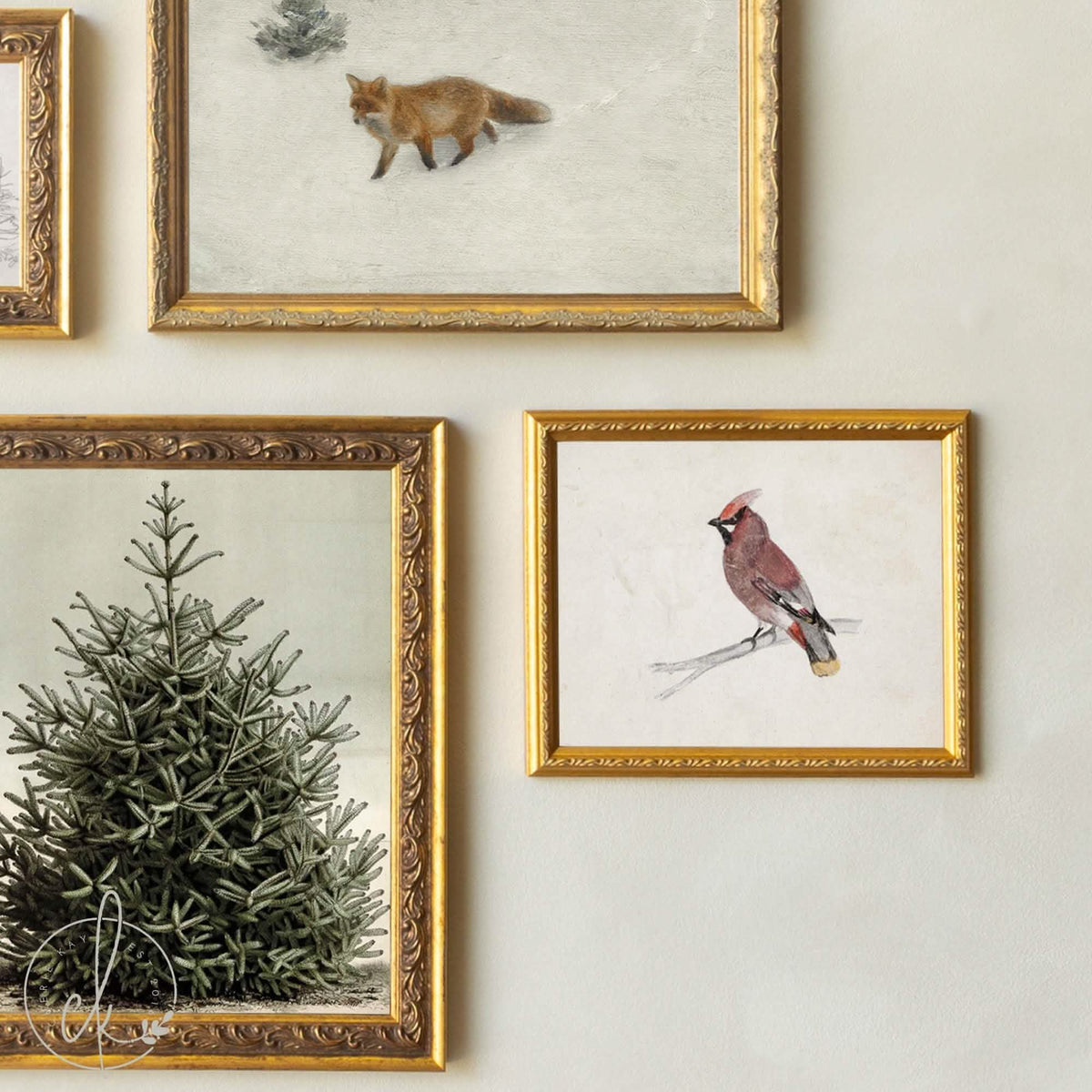 Christmas Art for Wall Set of 5 | Ornate Gold Frames | Fox, Evergreen and Waxwing | G46