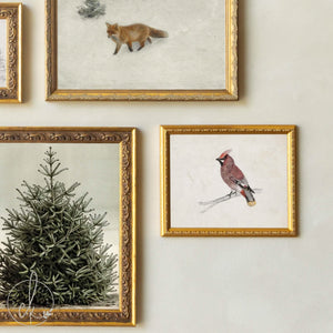 Christmas Art for Wall Set of 5 | Ornate Gold Frames | Fox, Evergreen and Waxwing | G46