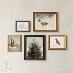 Christmas Art for Wall Set of 5 | Ornate Gold Frames | Fox, Evergreen and Waxwing | G46
