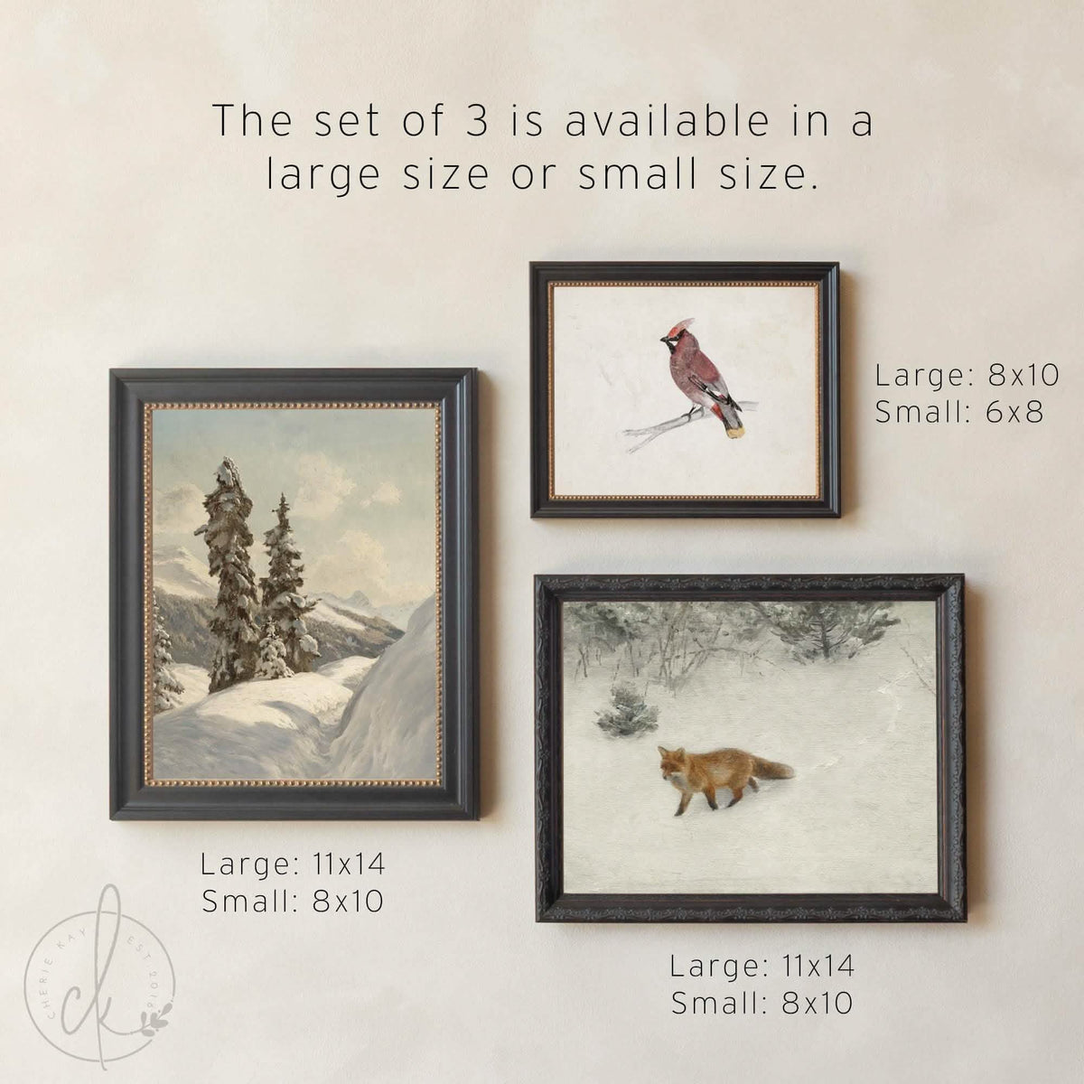 Christmas Art for Wall Set of 5 | Ornate Gold Frames | Fox, Evergreen and Waxwing | G46
