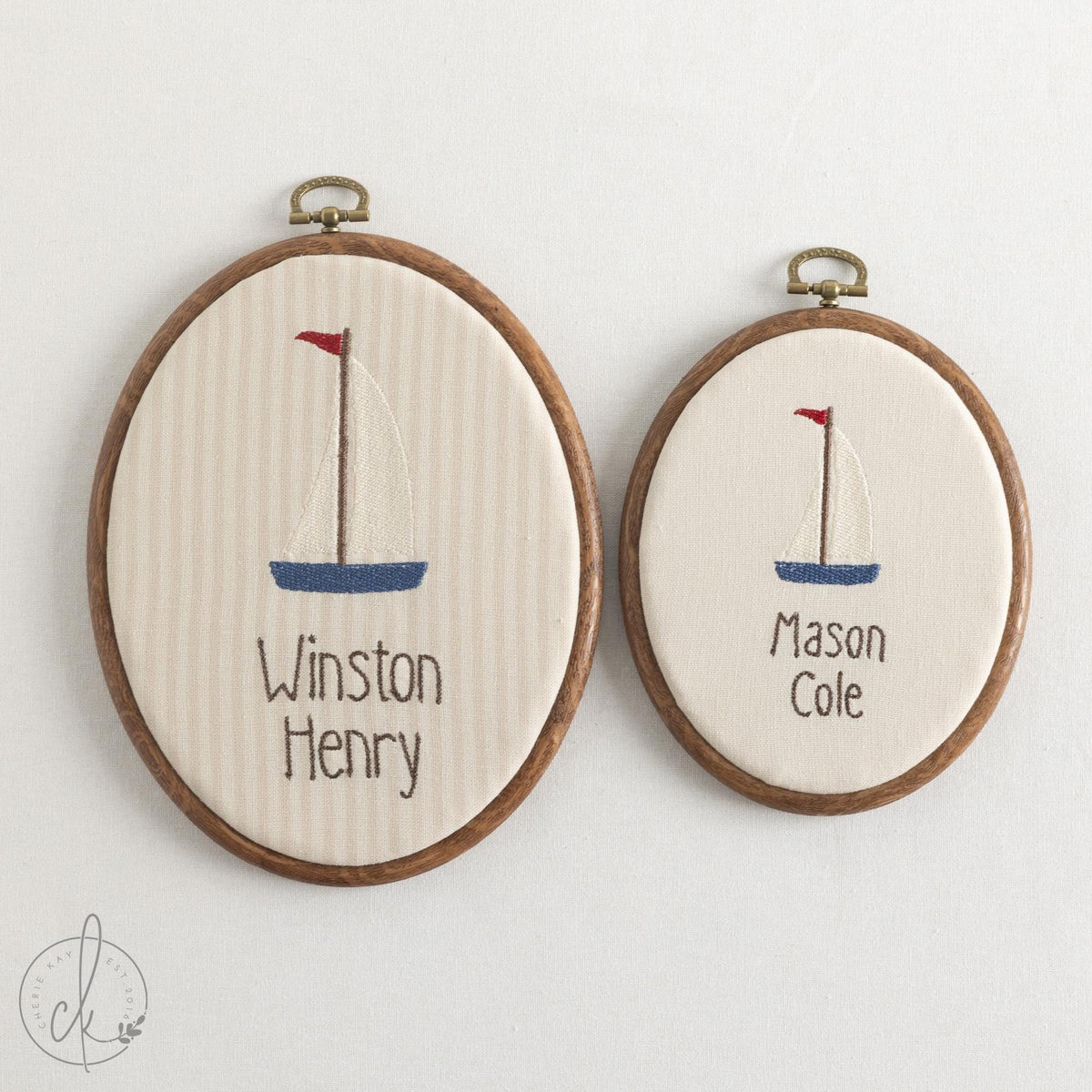 Nautical Nursery Decor | Sailboat Embroidered Custom Name Hoop | Baby Boy Birth Announcement Sign | E14