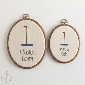 Nautical Nursery Decor | Sailboat Embroidered Custom Name Hoop | Baby Boy Birth Announcement Sign | E14