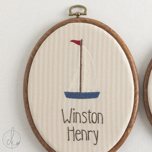 Nautical Nursery Decor | Sailboat Embroidered Custom Name Hoop | Baby Boy Birth Announcement Sign | E14