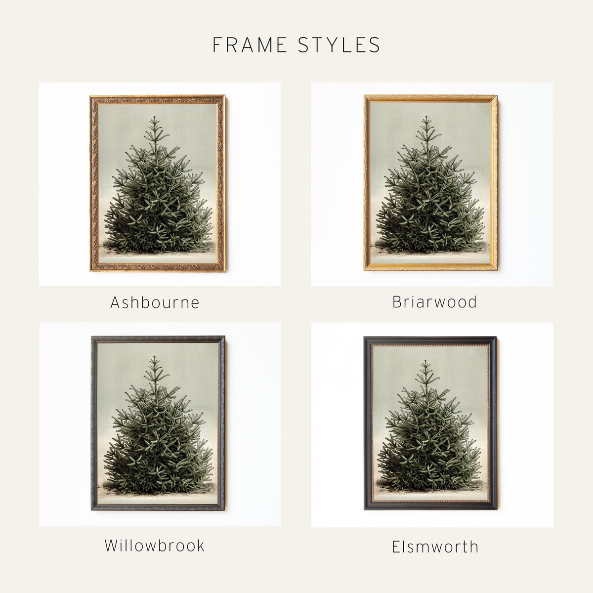 Christmas Tree Artwork | Vintage Snowy Evergreen Painting | Large Gold Framed Canvas Print | N160