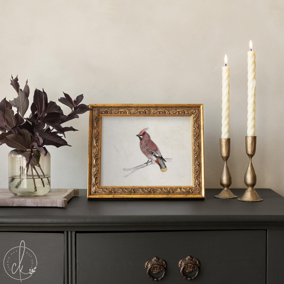 Winter Bird Decor | Waxwing Watercolor Canvas Print | Ornate Gold Framed Wall Art | N159