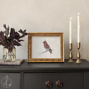 Winter Bird Decor | Waxwing Watercolor Canvas Print | Ornate Gold Framed Wall Art | N159