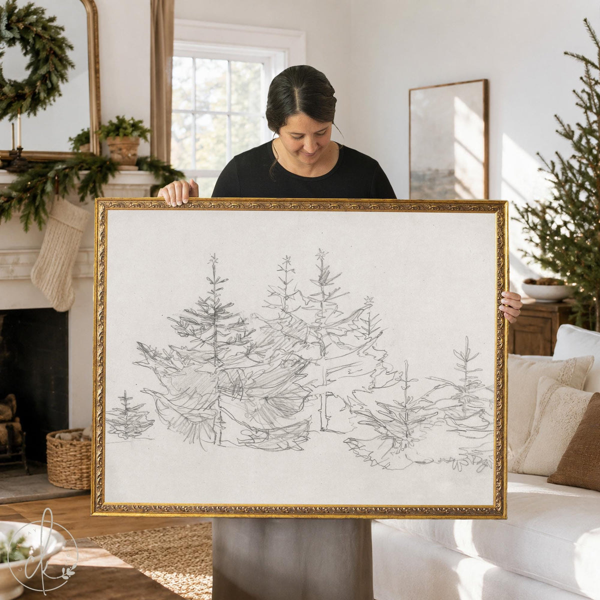 Christmas Tree Sketch Print | Vintage Style Evergreen Art | Ornate Gold Framed Canvas | N188