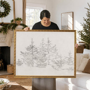 Christmas Tree Sketch Print | Vintage Style Evergreen Art | Ornate Gold Framed Canvas | N188