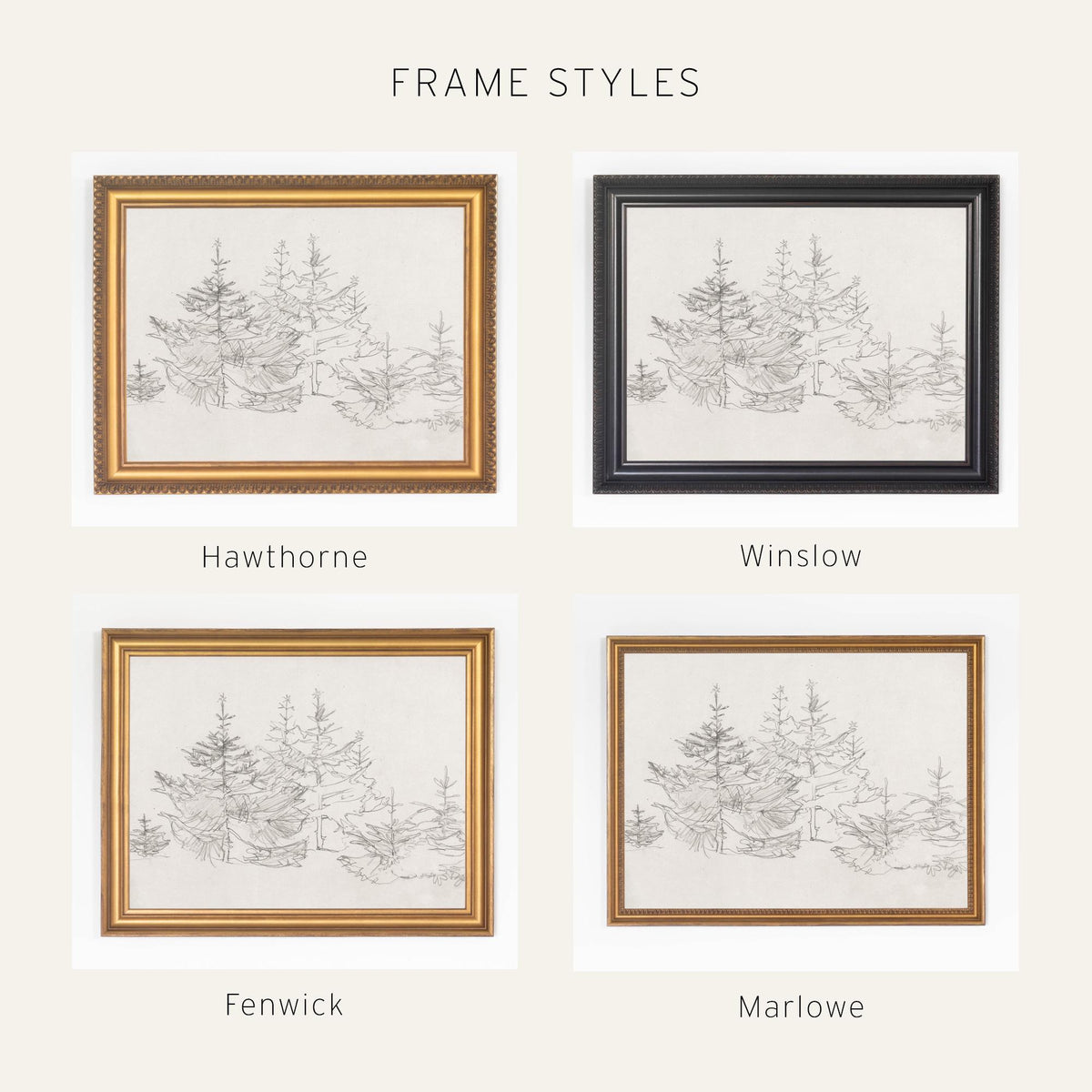 Christmas Tree Sketch Print | Vintage Style Evergreen Art | Ornate Gold Framed Canvas | N188