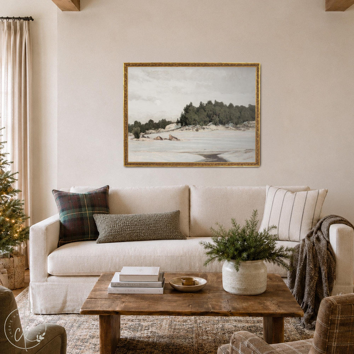 Mantel Art | Snowy Winter Christmas Painting | Large Ornate Gold Framed Canvas Print | N197