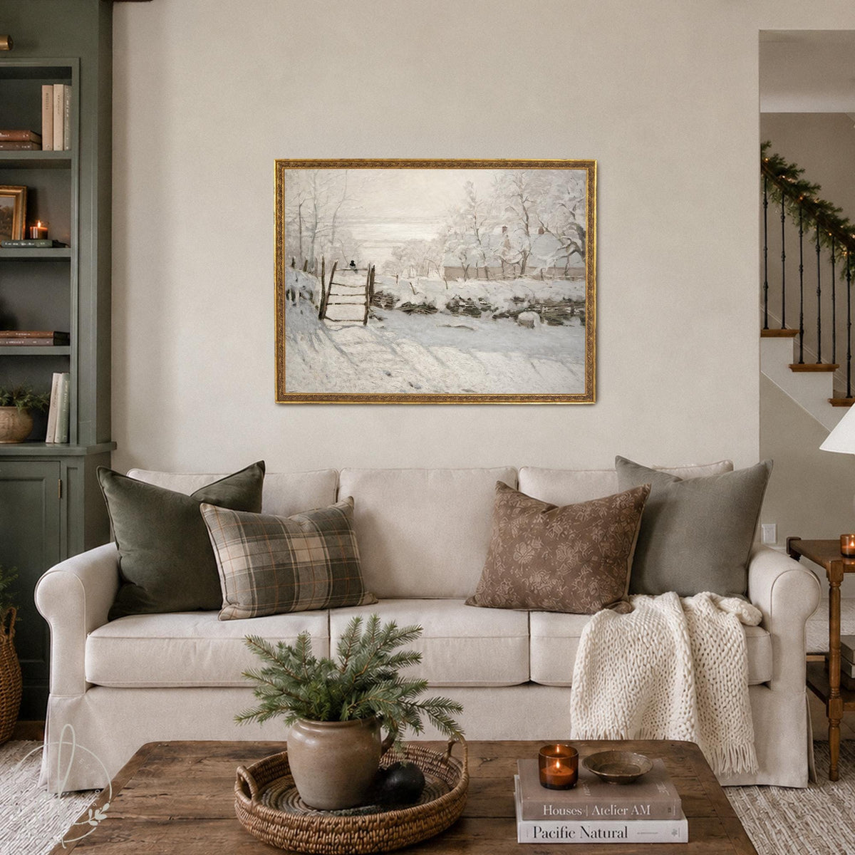 Monet The Magpie | Christmas Canvas Print | Winter Snow Scene in Large Ornate Gold Frame | N185