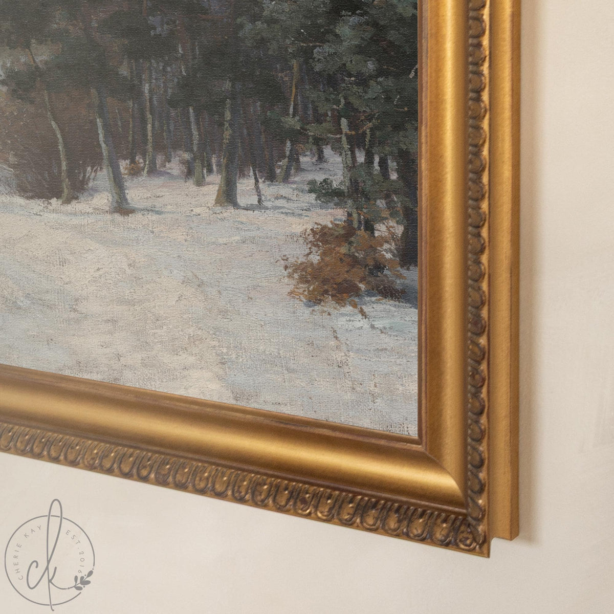 Winter Home Decor | Moody Vertical Evergreen Forest Painting | Ornate Gold Framed Canvas | N186