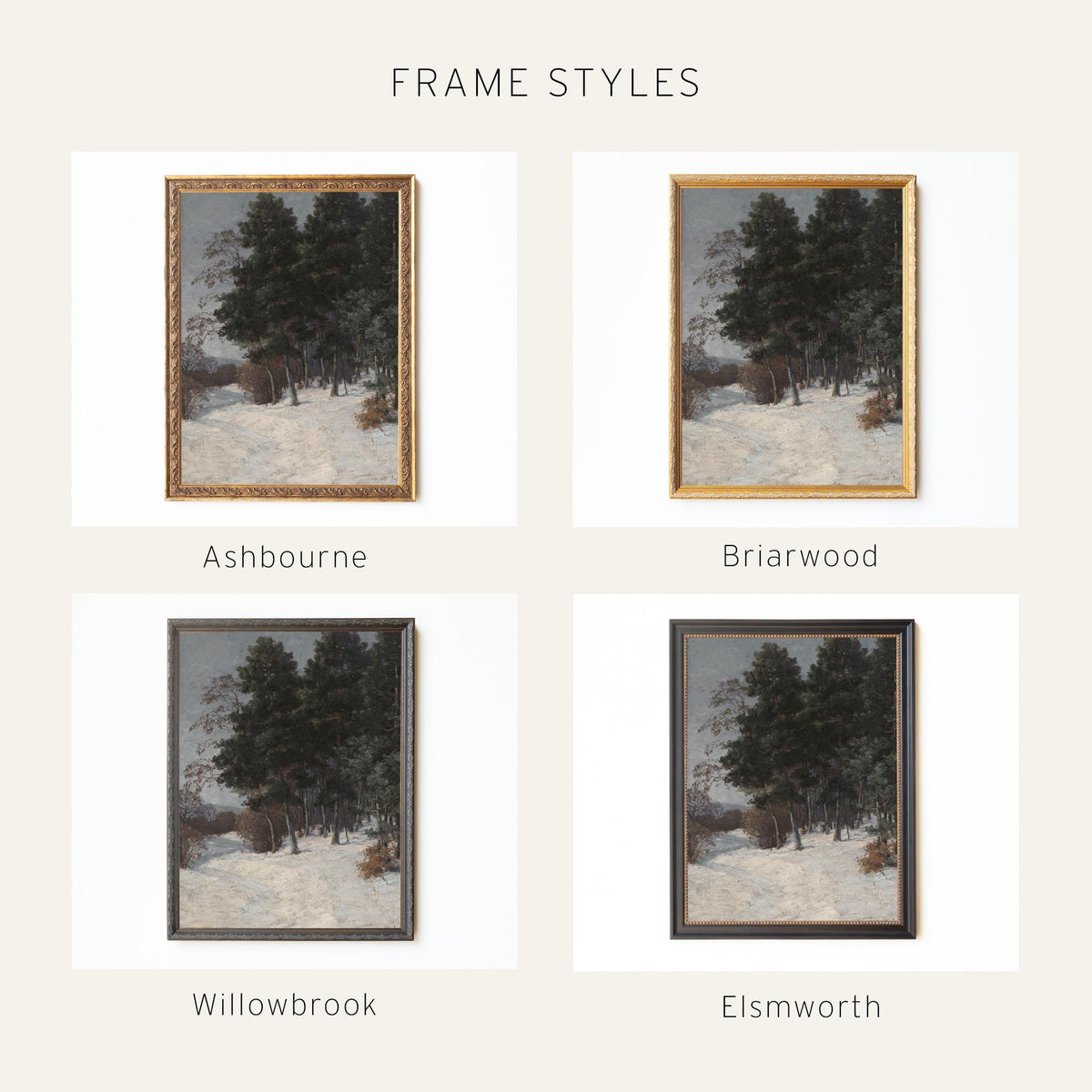 Winter Home Decor | Moody Vertical Evergreen Forest Painting | Ornate Gold Framed Canvas | N186