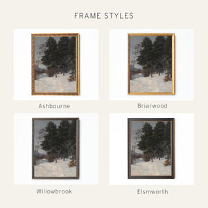 Winter Home Decor | Moody Vertical Evergreen Forest Painting | Ornate Gold Framed Canvas | N186
