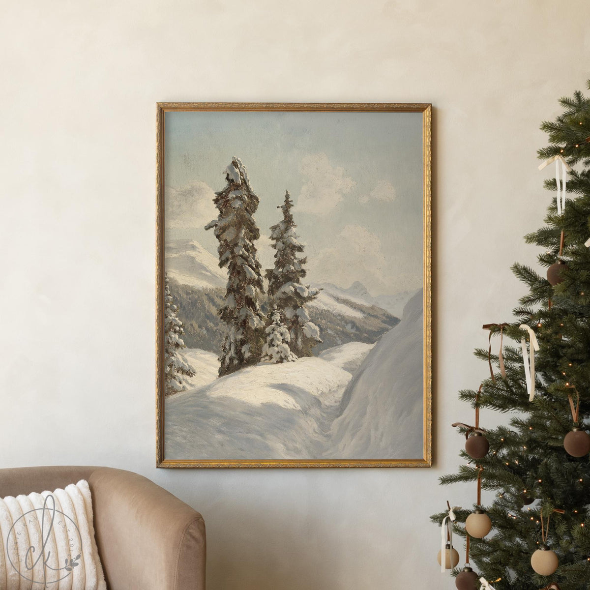 Vintage Christmas Print | Snowy Alpine Evergreens | Vertical Wall Art, Ornate Gold Frame | N187