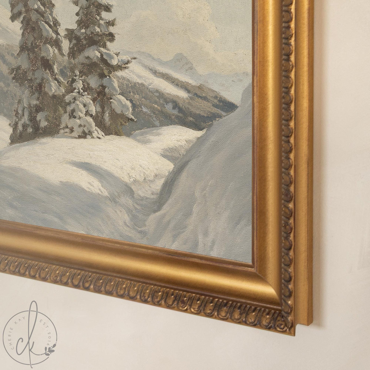 Vintage Christmas Print | Snowy Alpine Evergreens | Vertical Wall Art, Ornate Gold Frame | N187