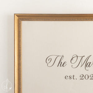 Embroidered Wall Art | Family Name Sign in Ornate Gold Frame | Personalized Newlywed Gift