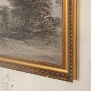 Moody Art Print | Countryside Landscape Painting with Cloudy Sky | Black and Gold Framed Canvas | N55