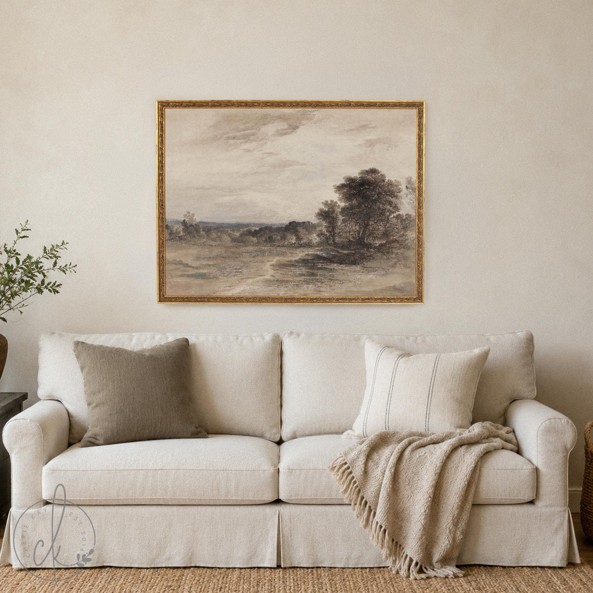 Moody Art Print | Countryside Landscape Painting with Cloudy Sky | Black and Gold Framed Canvas | N55