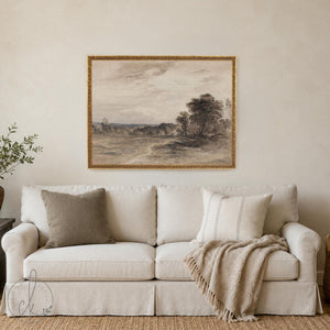 Moody Art Print | Countryside Landscape Painting with Cloudy Sky | Black and Gold Framed Canvas | N55