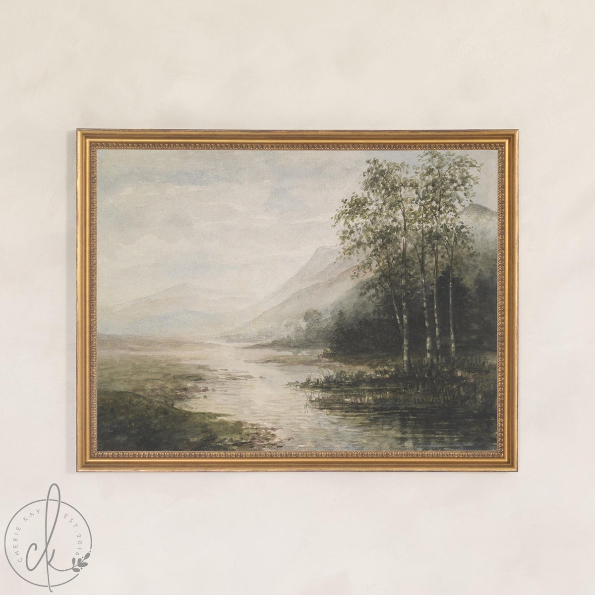 Lake Artwork | Vintage Birch Tree Painting | Large Ornate Gold Framed Canvas Print | N193