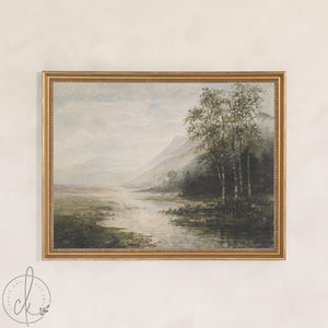 Lake Artwork | Vintage Birch Tree Painting | Large Ornate Gold Framed Canvas Print | N193