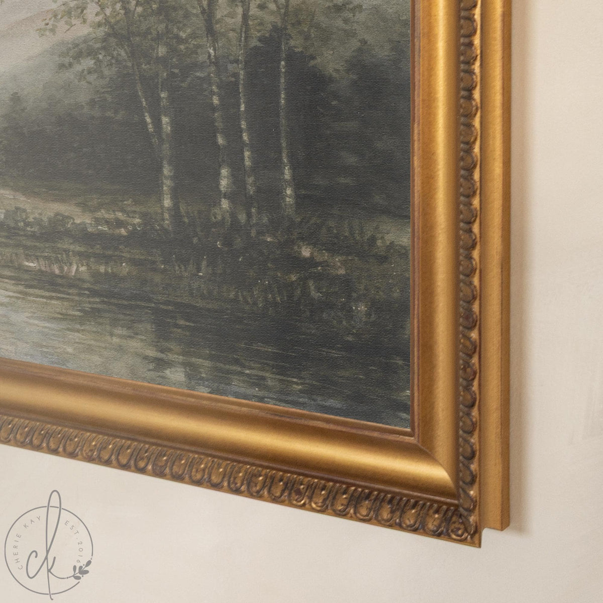 Lake Artwork | Vintage Birch Tree Painting | Large Ornate Gold Framed Canvas Print | N193