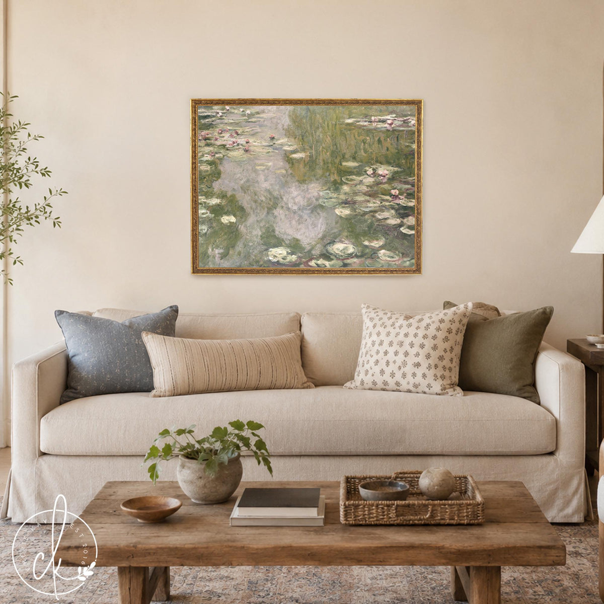 Monet Lily Pads | Impressionist Pond Painting | Large Ornate Gold Framed Canvas Print | N194
