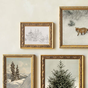 Christmas Art for Wall Set of 5 | Ornate Gold Frames | Fox, Evergreen and Waxwing | G46