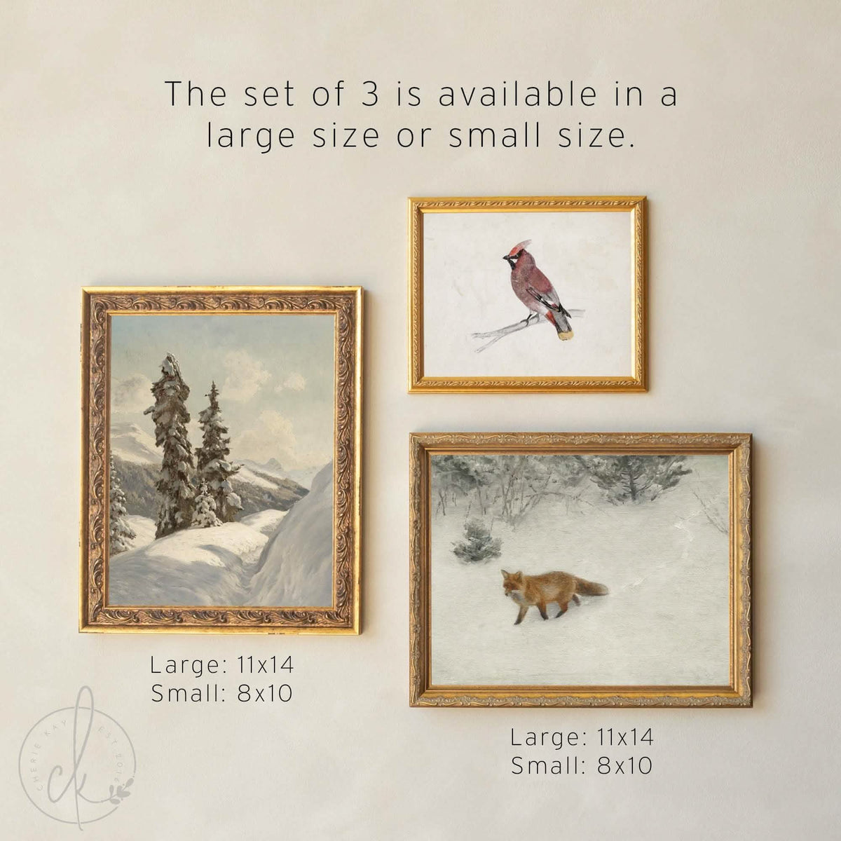 Christmas Art for Wall Set of 5 | Ornate Gold Frames | Fox, Evergreen and Waxwing | G46