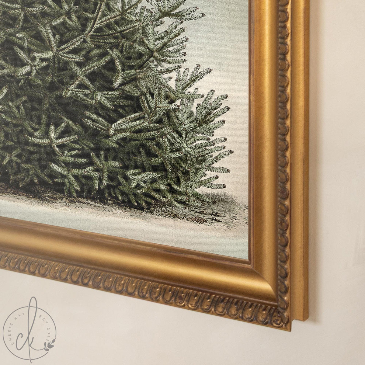 Christmas Tree Artwork | Vintage Snowy Evergreen Painting | Large Gold Framed Canvas Print | N160