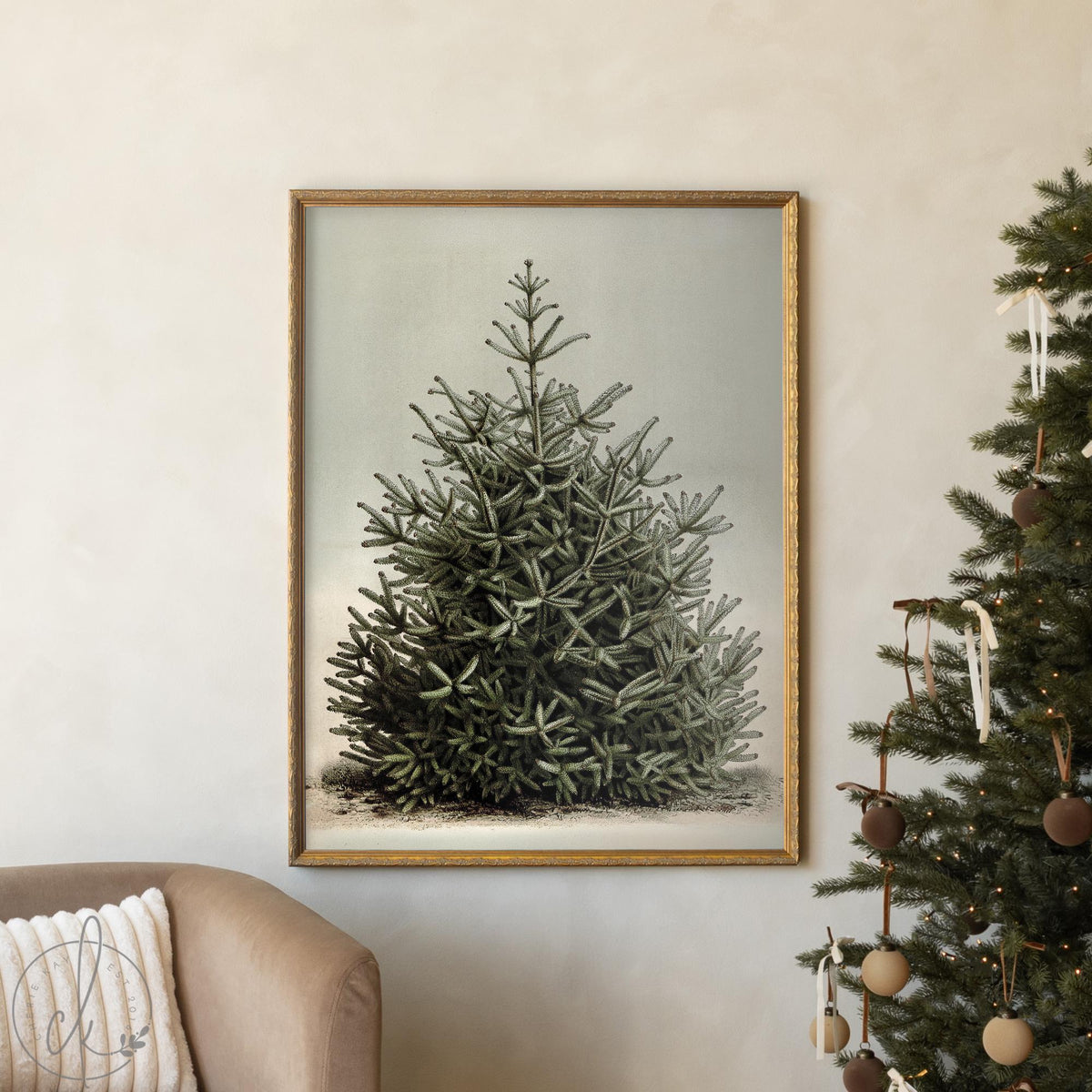 Christmas Tree Artwork | Vintage Snowy Evergreen Painting | Large Gold Framed Canvas Print | N160