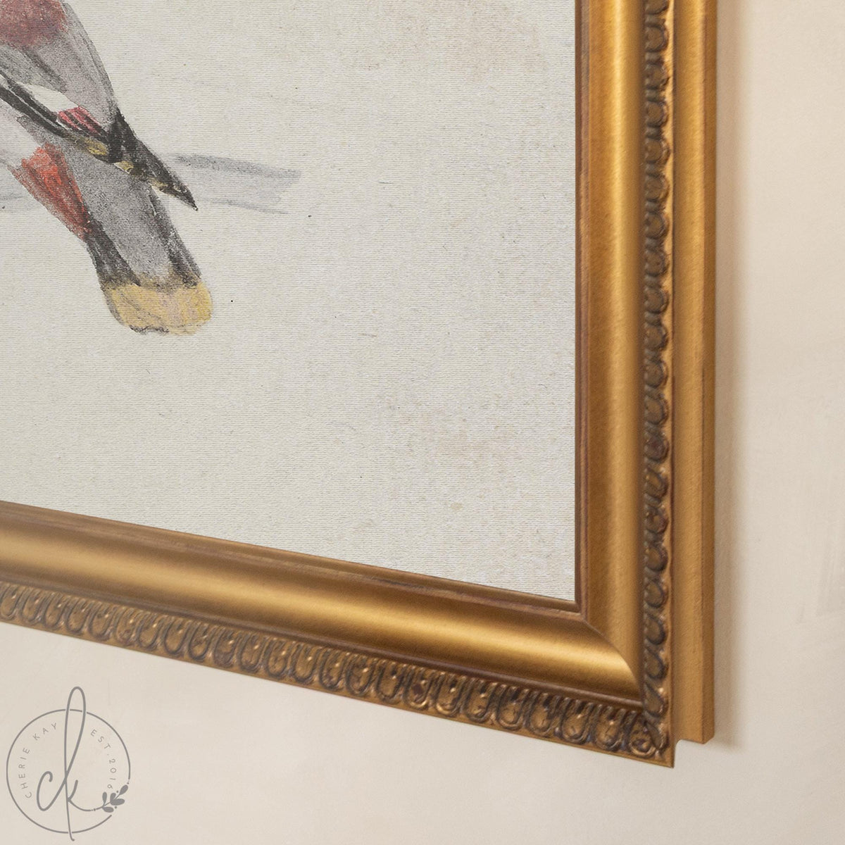 Winter Bird Decor | Waxwing Watercolor Canvas Print | Ornate Gold Framed Wall Art | N159