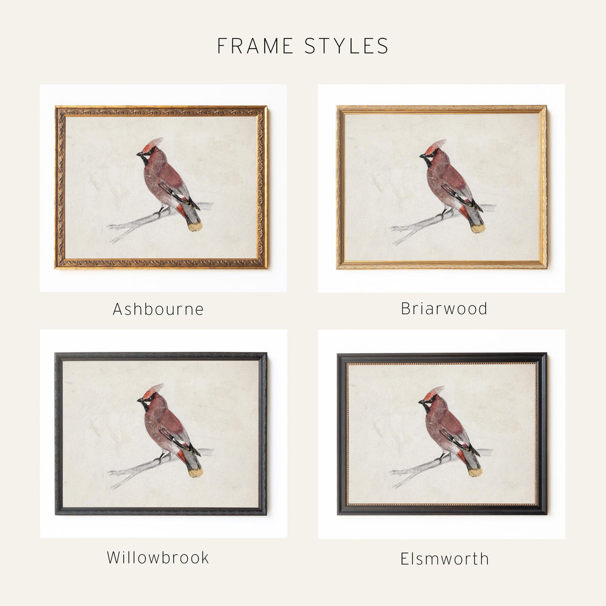Winter Bird Decor | Waxwing Watercolor Canvas Print | Ornate Gold Framed Wall Art | N159