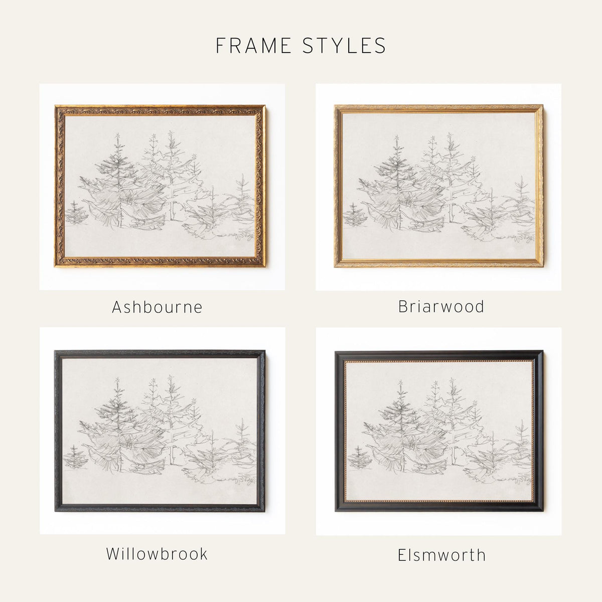 Christmas Tree Sketch Print | Vintage Style Evergreen Art | Ornate Gold Framed Canvas | N188