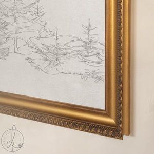 Christmas Tree Sketch Print | Vintage Style Evergreen Art | Ornate Gold Framed Canvas | N188