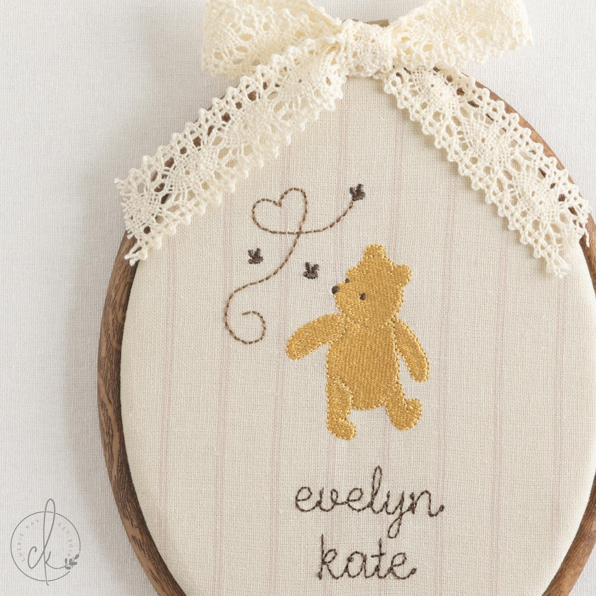 Pooh Bear Decor | Embroidered Baby Name Hoop with Bees | Personalized Nursery Sign and Newborn Gift | E16