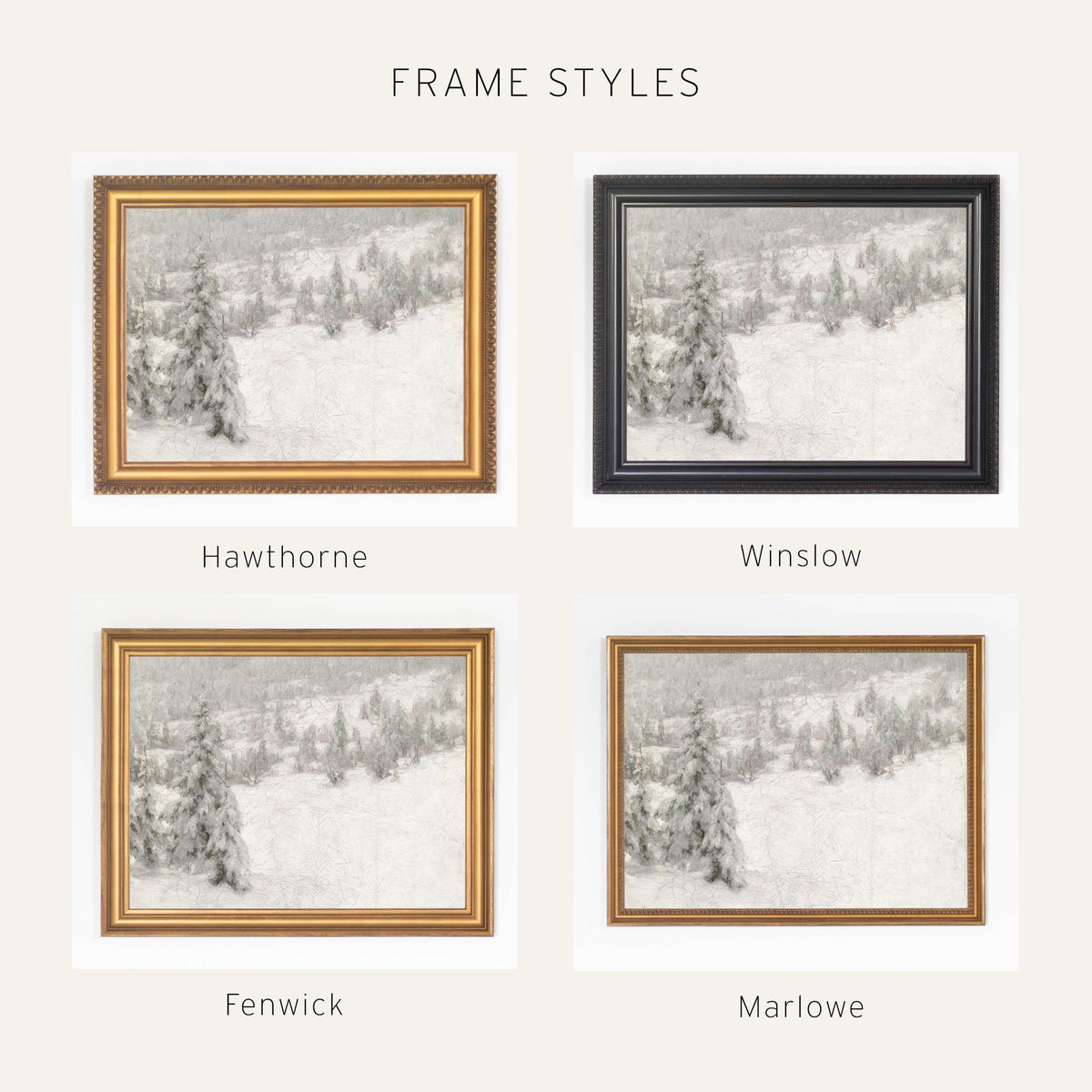 Vintage Christmas Painting | Snowy Pine Hillside Wall Art | Ornate Gold Framed Canvas | N61