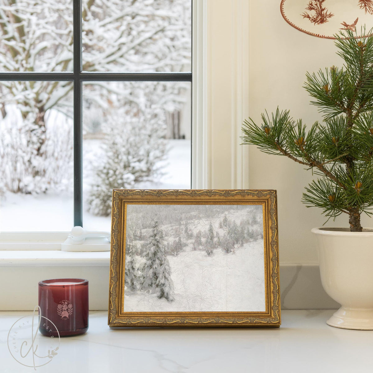 Vintage Christmas Painting | Snowy Pine Hillside Wall Art | Ornate Gold Framed Canvas | N61