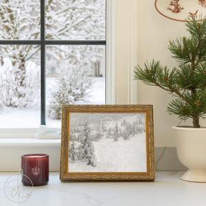 Vintage Christmas Painting | Snowy Pine Hillside Wall Art | Ornate Gold Framed Canvas | N61