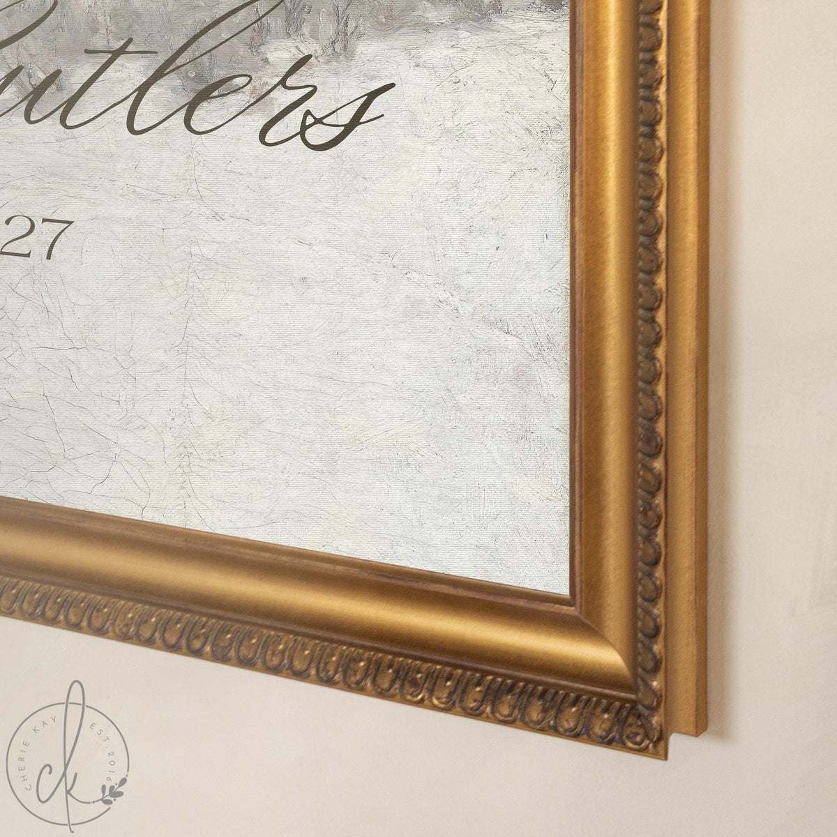 Christmas Wedding Decor | Personalized Name and Date Sign | Snowy Pine Painting, Ornate Gold Frame | N118