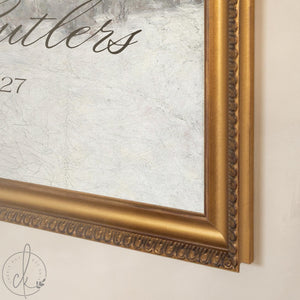 Christmas Wedding Decor | Personalized Name and Date Sign | Snowy Pine Painting, Ornate Gold Frame | N118