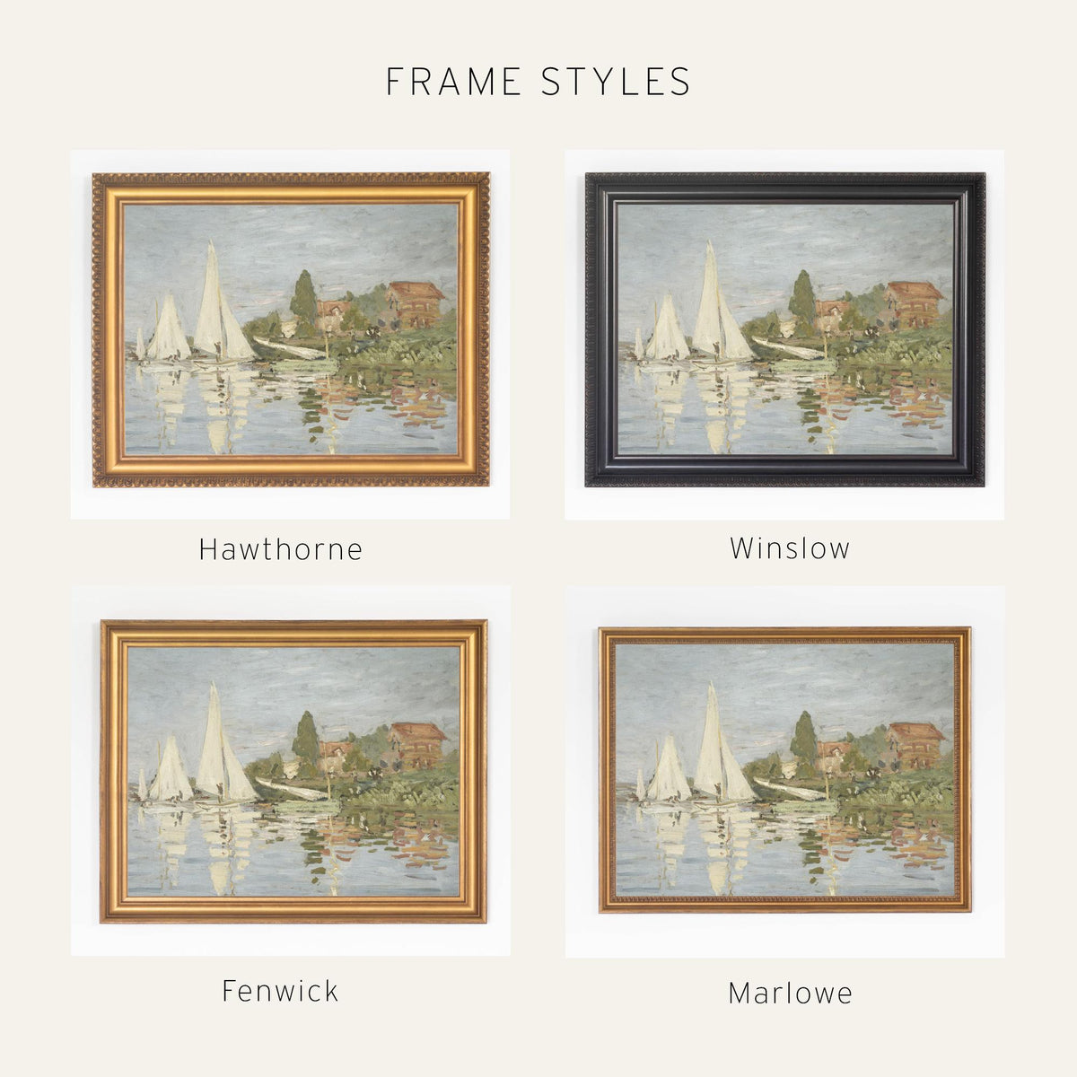 Framed Sailboat Art | Monet Regattas at Argenteuil | Vintage Ornate Gold Canvas Print | N196