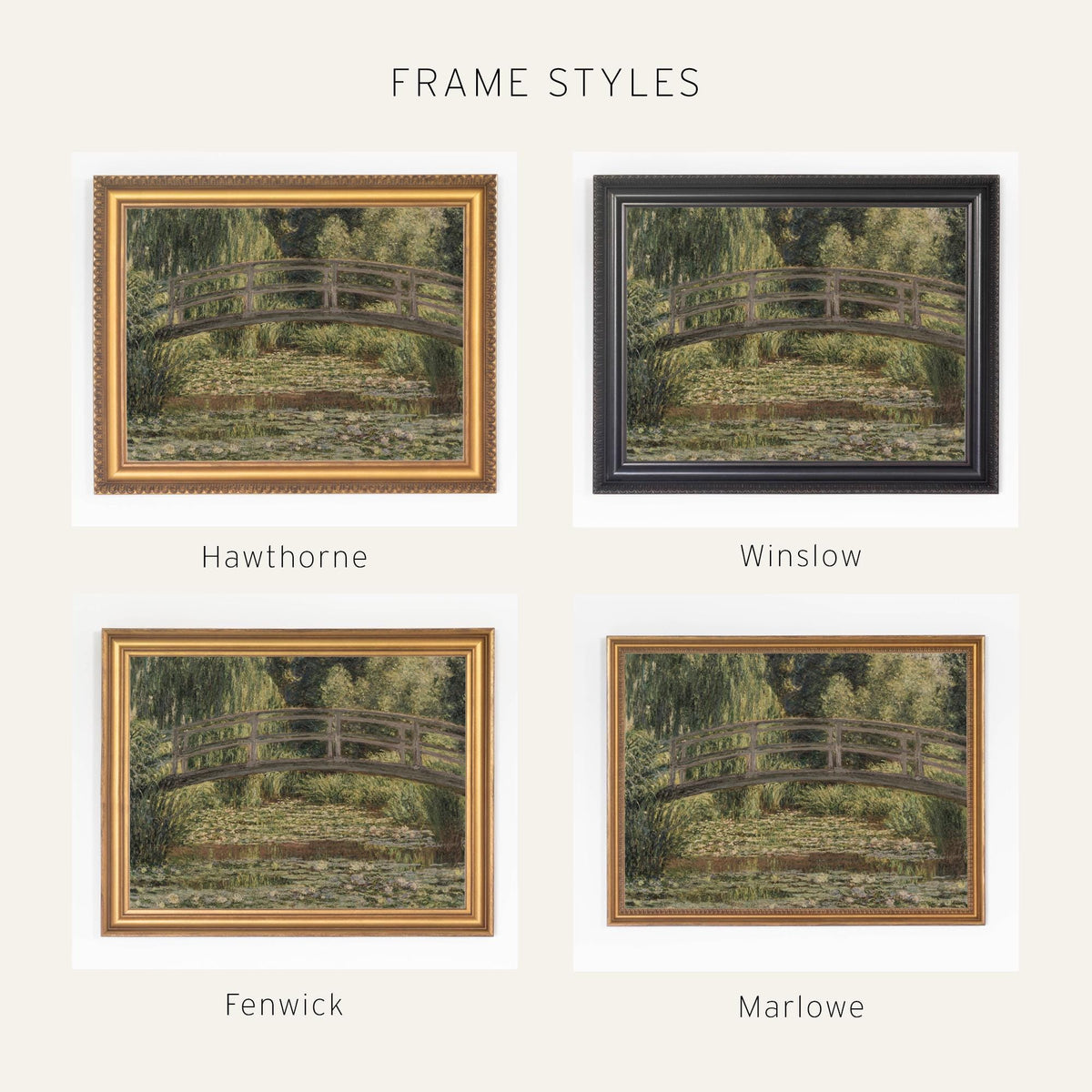 Monet Bridge Painting | Giverny Water Lily Pond | Large Ornate Gold Framed Canvas Print | N219