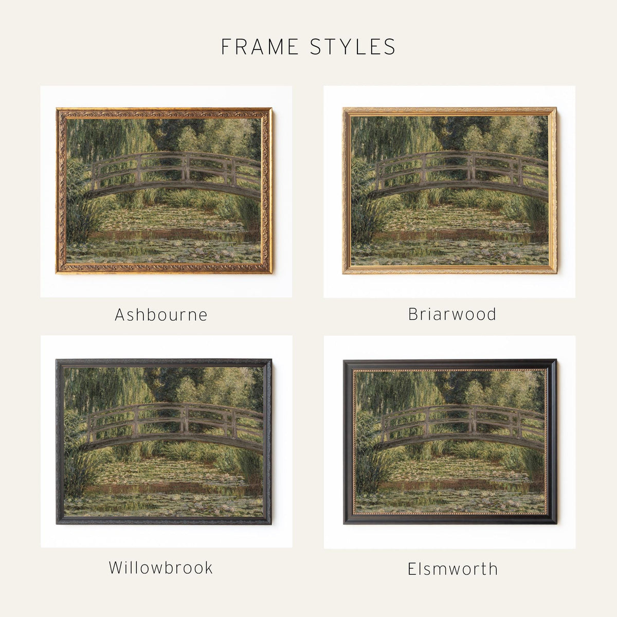 Monet Bridge Painting | Giverny Water Lily Pond | Large Ornate Gold Framed Canvas Print | N219